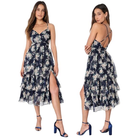 Lulus Cultivate Crushes Navy Floral Print Tiered Ruffled Midi Dress Size S - Picture 1 of 12